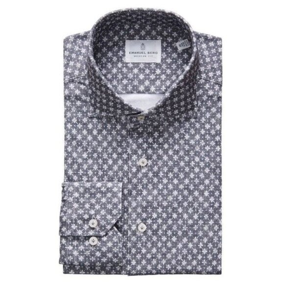 Emanuel Berg Modern 4 Flex Stretch Size XXL 18" Sport Shirt Grey Floral Pattern - Picture 1 of 8